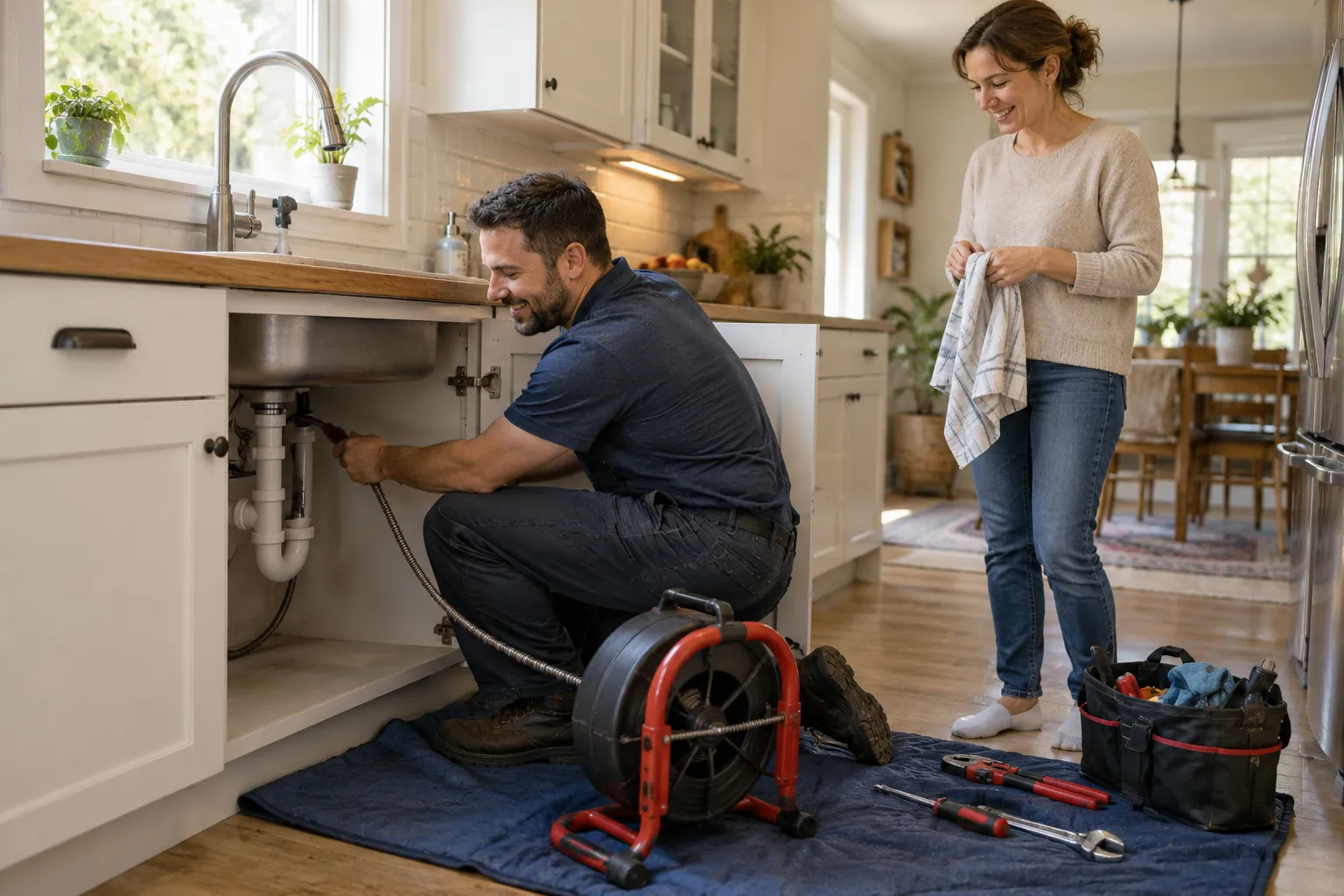 Friendly local plumber clearing a kitchen sink drain for a homeowner in the Indianapolis city area