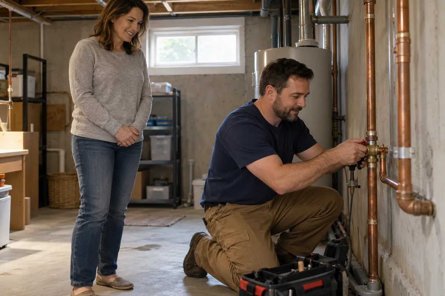Friendly local plumber helping a homeowner check a repaired pipe in a Indianapolis city basement