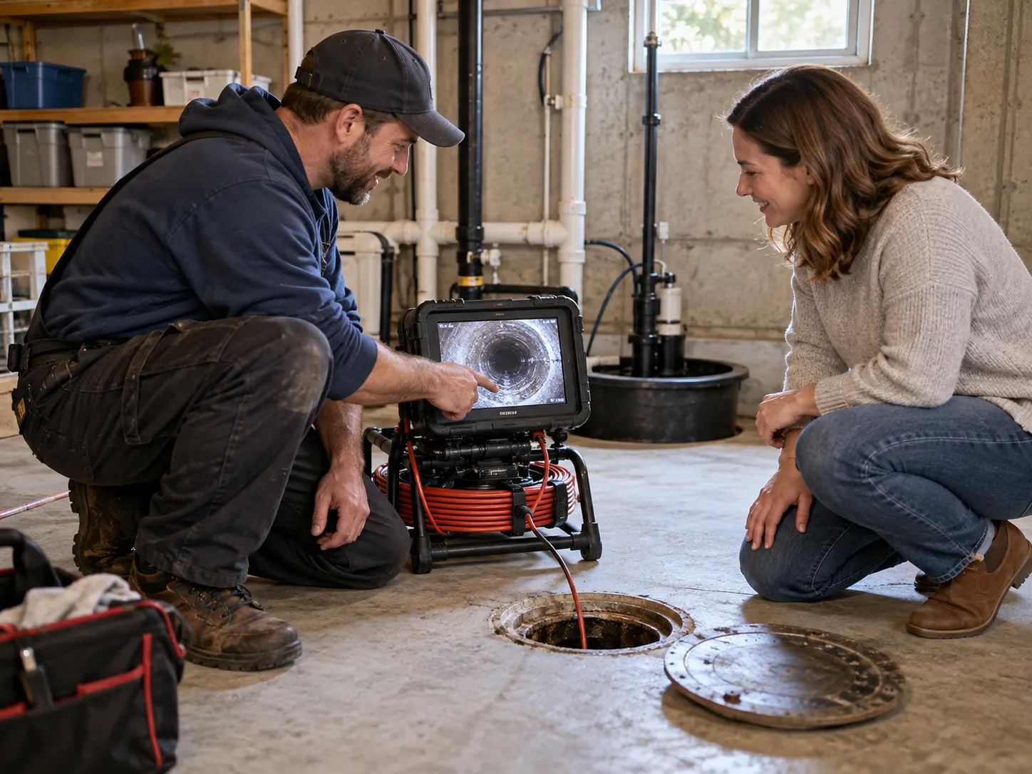 A local plumbing provider reviewing a sewer camera screen with a homeowner in a Indianapolis city home